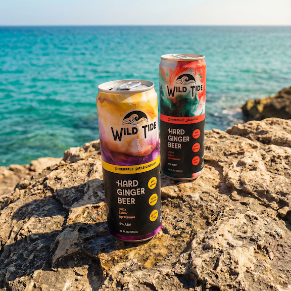 Two cans of Wild Tide Hard Ginger Beer on a rocky surface with ocean in the background
