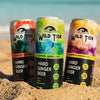 Three cans of Wild Tide Hard Ginger Beer on a sandy beach with ocean in the background