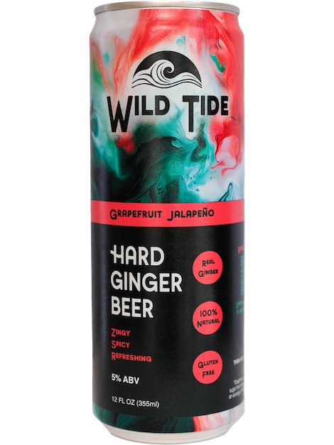 Can of Grapefruit Jalapeño flavored Wild Tide Hard Ginger Beer with colorful label on a clear background.