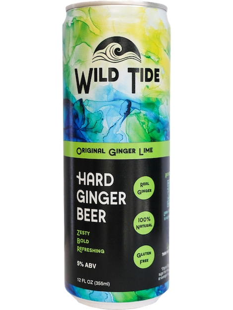 Can of Original flavored Wild Tide Hard Ginger Beer with colorful design on a clear background.