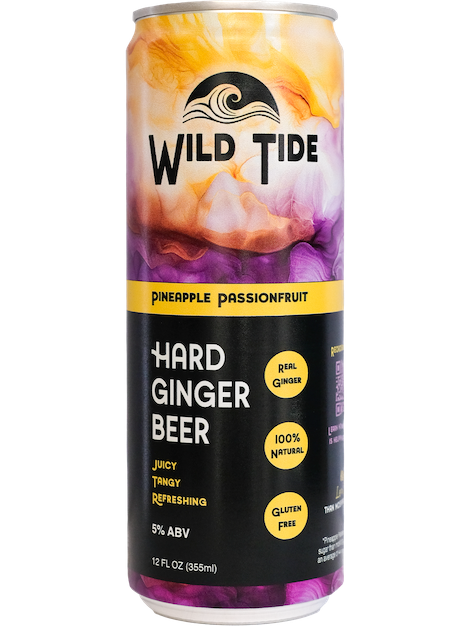 Can of Wild Tide Hard Ginger Beer with colorful label on a translucent background