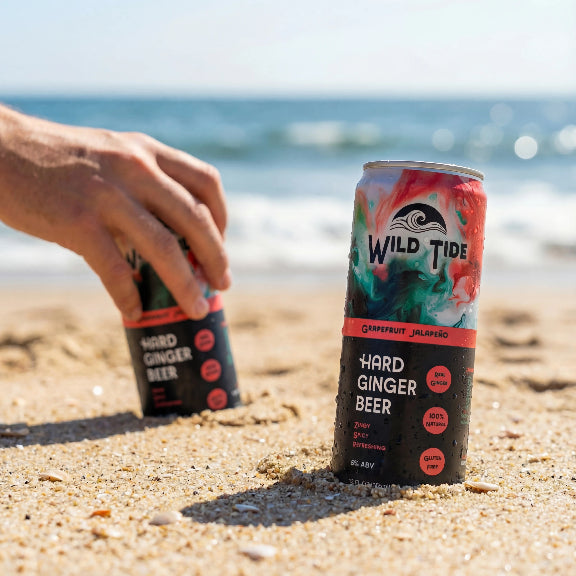 A can of Wild Tide Grapefruit Jalapeño ginger beer buried in the sand at the beach. Hand grabbing another can is blurred in the background.