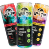 Three cans of Wild Tide Hard Ginger Beer with colorful labels on a translucent background