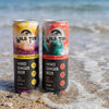 Two cans of Wild Tide Hard Ginger Beer on a beach with ocean waves in the background.
