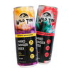 Two cans of Wild Tide Hard Ginger Beer with colorful labels on a translucent background