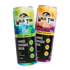 Two cans of Wild Tide Hard Ginger Beer with colorful labels on a translucent background